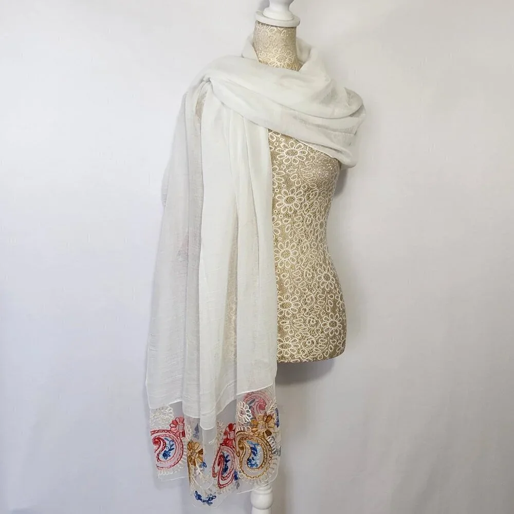 Scarf Women's Rectangle White Detailed Floral Embroidered Linen Blend Boho City